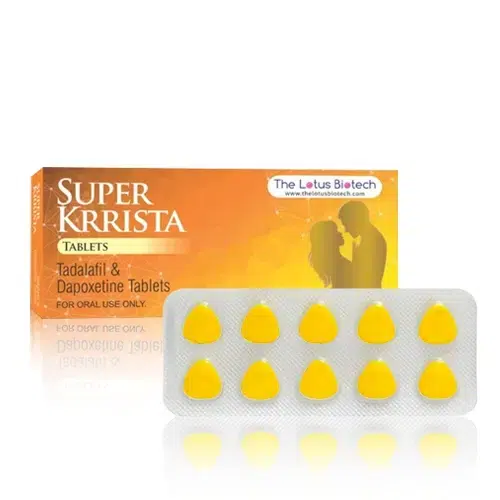 Super Krrista 100mg 完整產品展示圖 雙效犀利士 Super Krrista 100mg 外盒與黃色藥錠